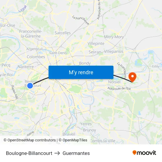 Boulogne-Billancourt to Guermantes map