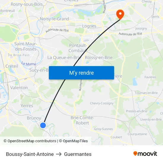 Boussy-Saint-Antoine to Guermantes map