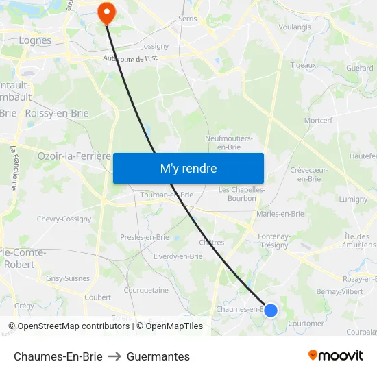 Chaumes-En-Brie to Guermantes map