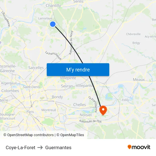 Coye-La-Foret to Guermantes map