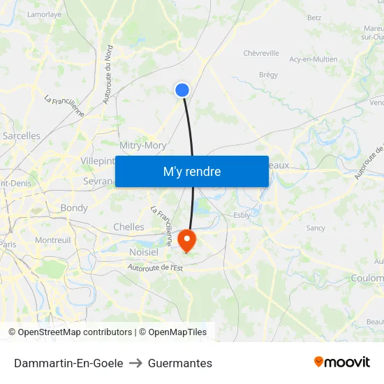 Dammartin-En-Goele to Guermantes map
