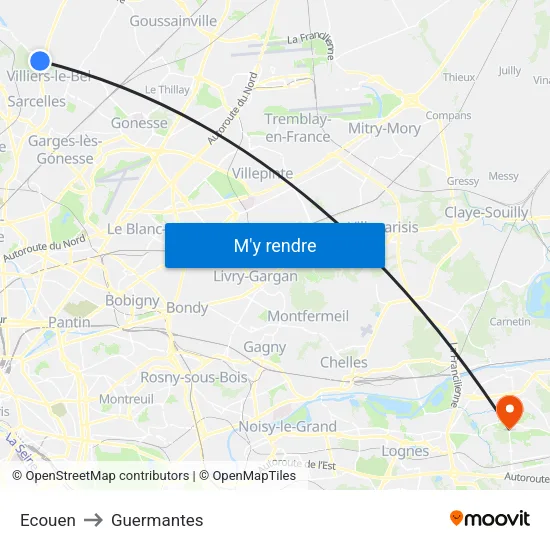 Ecouen to Guermantes map