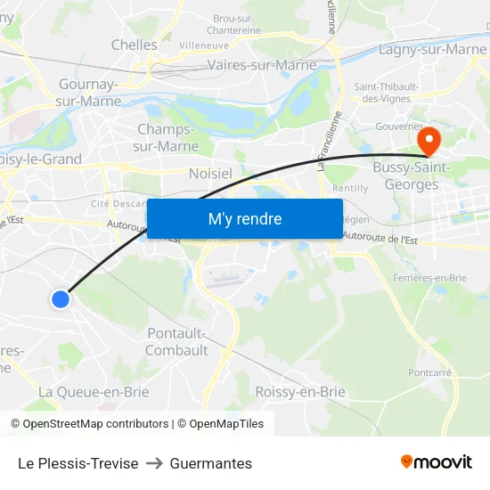 Le Plessis-Trevise to Guermantes map