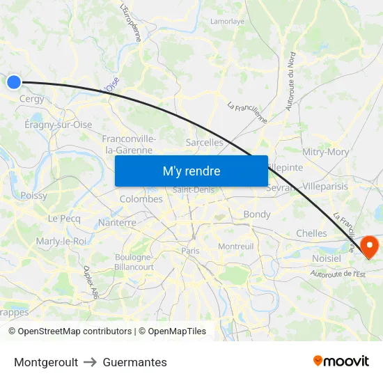 Montgeroult to Guermantes map