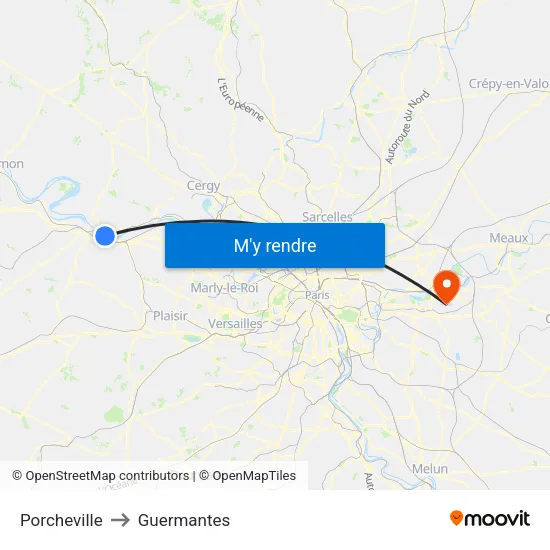 Porcheville to Guermantes map