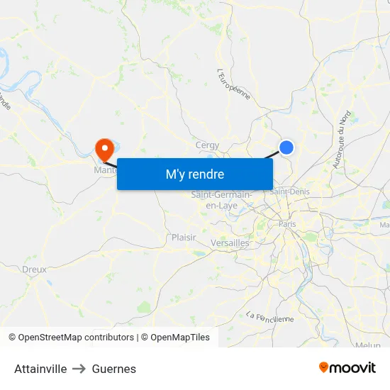 Attainville to Guernes map