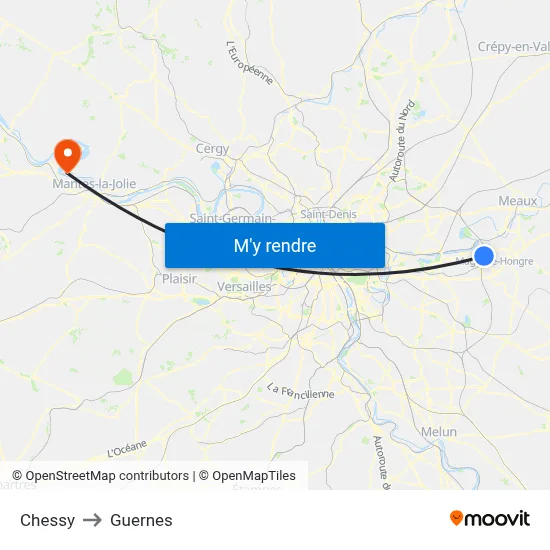 Chessy to Guernes map