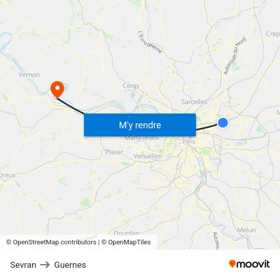 Sevran to Guernes map
