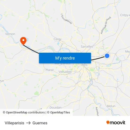 Villeparisis to Guernes map