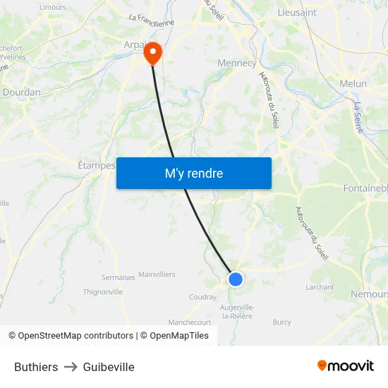 Buthiers to Guibeville map