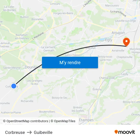 Corbreuse to Guibeville map
