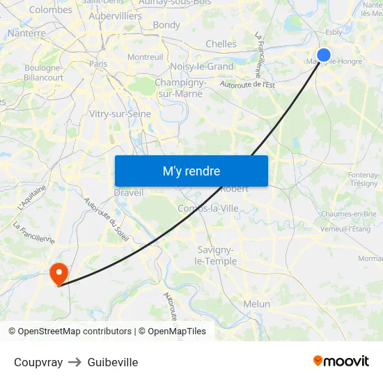 Coupvray to Guibeville map