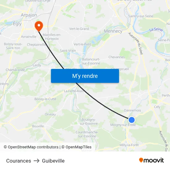 Courances to Guibeville map