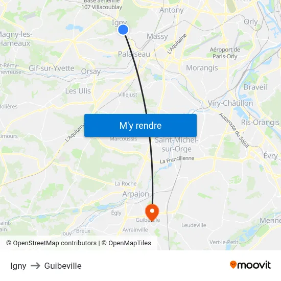 Igny to Guibeville map