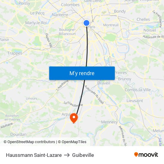 Haussmann Saint-Lazare to Guibeville map