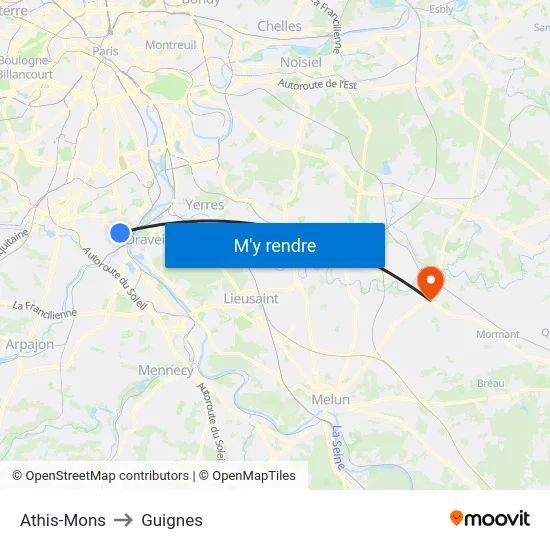 Athis-Mons to Guignes map