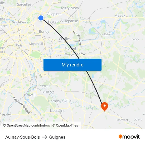 Aulnay-Sous-Bois to Guignes map