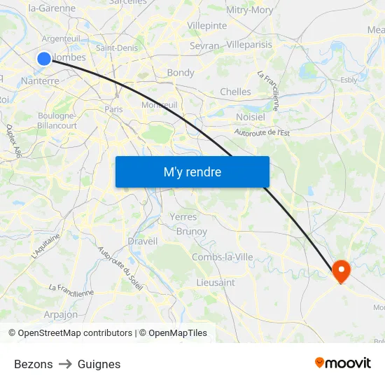 Bezons to Guignes map