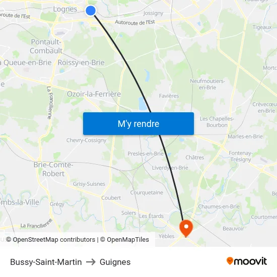 Bussy-Saint-Martin to Guignes map