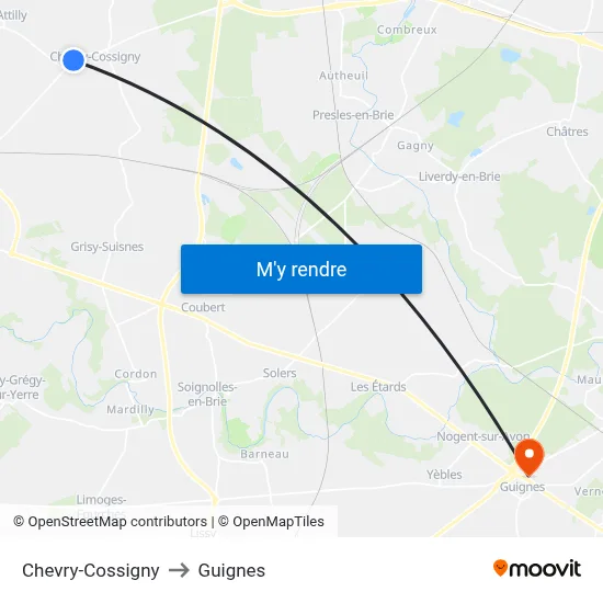 Chevry-Cossigny to Guignes map