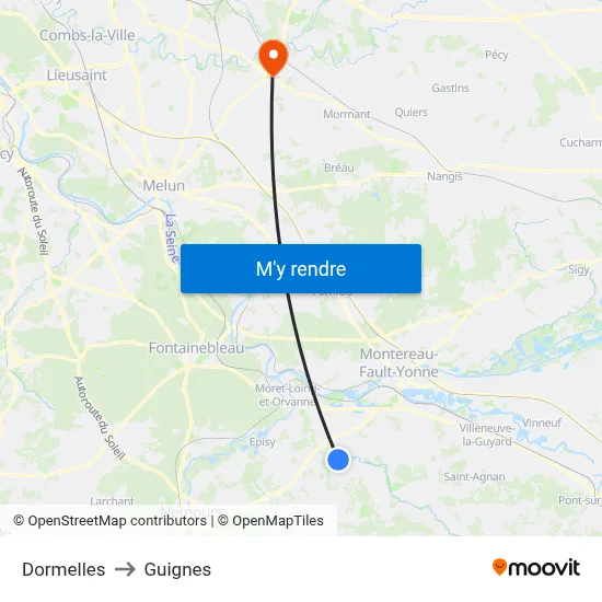 Dormelles to Guignes map