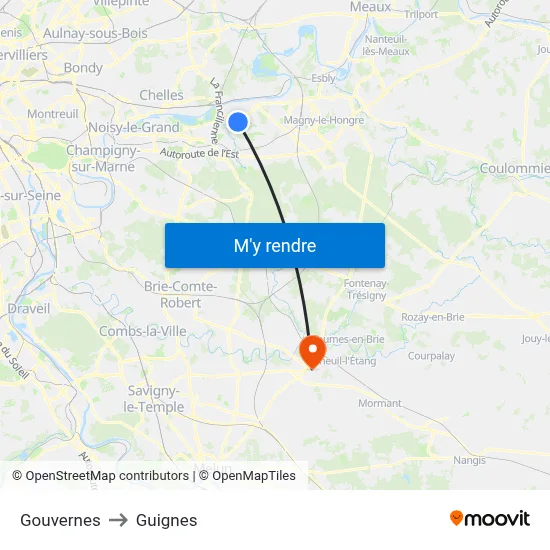 Gouvernes to Guignes map
