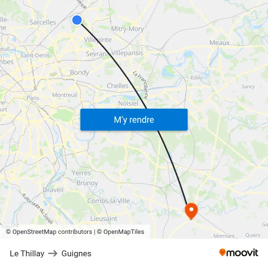 Le Thillay to Guignes map