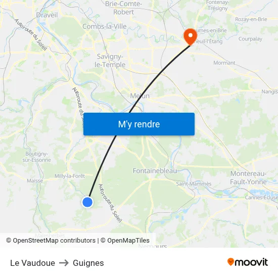 Le Vaudoue to Guignes map