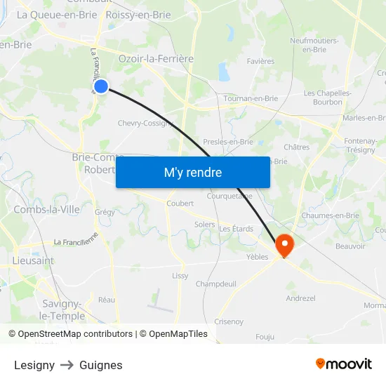 Lesigny to Guignes map