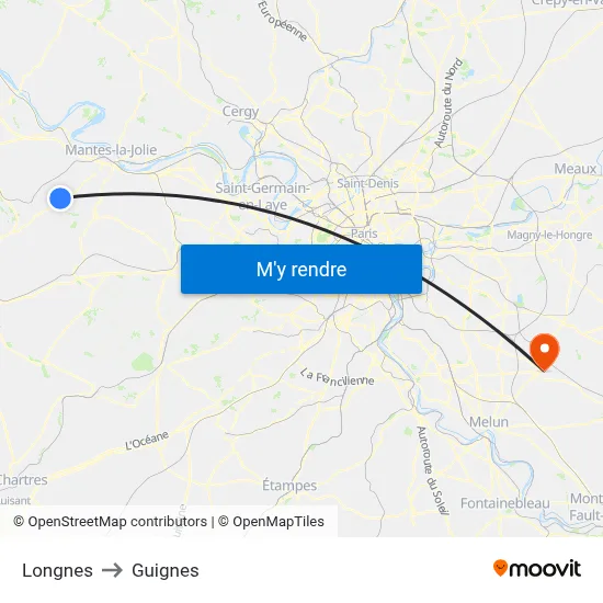 Longnes to Guignes map