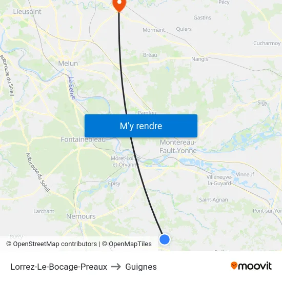 Lorrez-Le-Bocage-Preaux to Guignes map