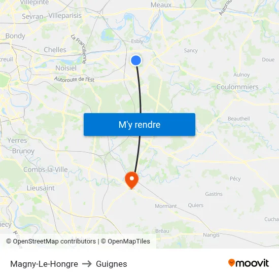 Magny-Le-Hongre to Guignes map