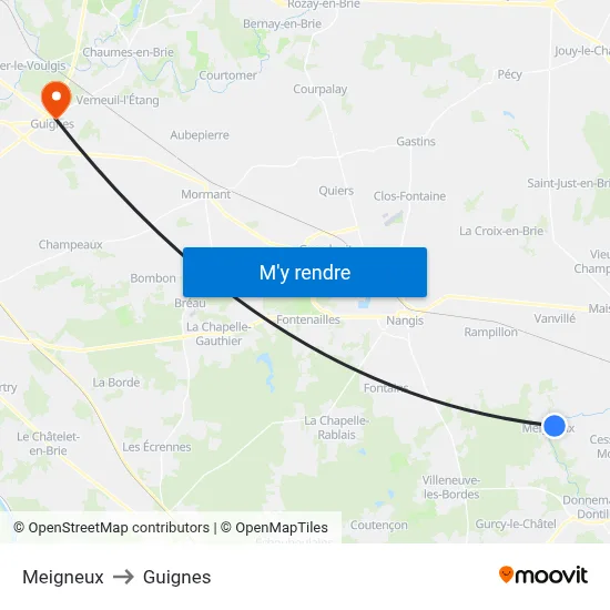 Meigneux to Guignes map