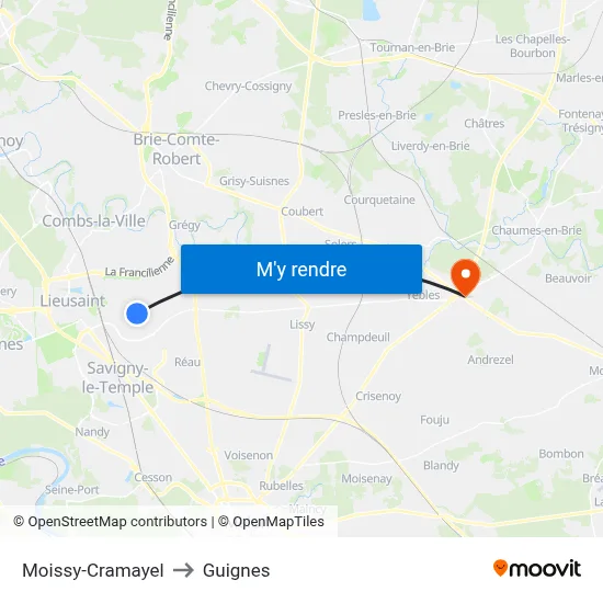 Moissy-Cramayel to Guignes map