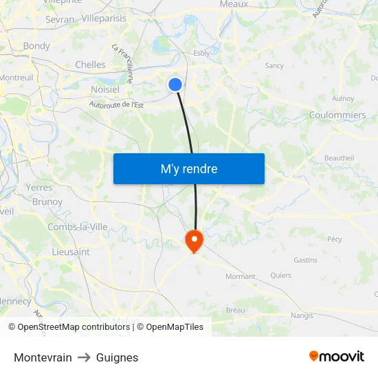 Montevrain to Guignes map