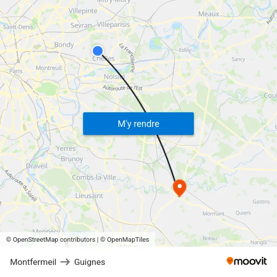 Montfermeil to Guignes map