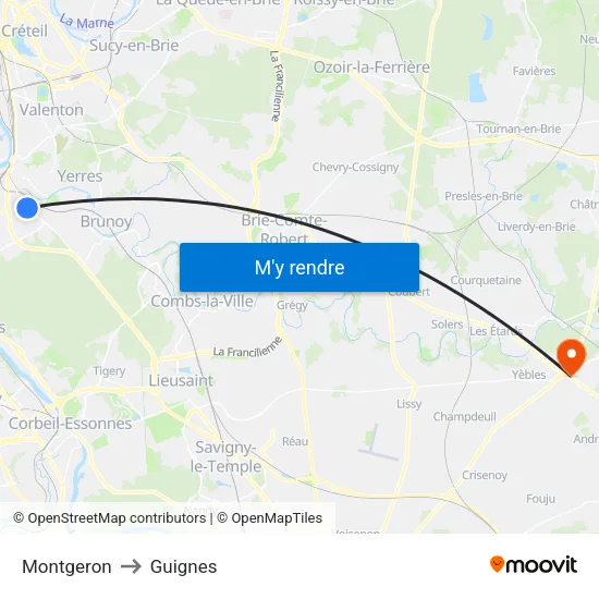 Montgeron to Guignes map