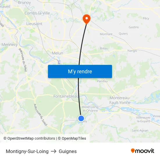 Montigny-Sur-Loing to Guignes map