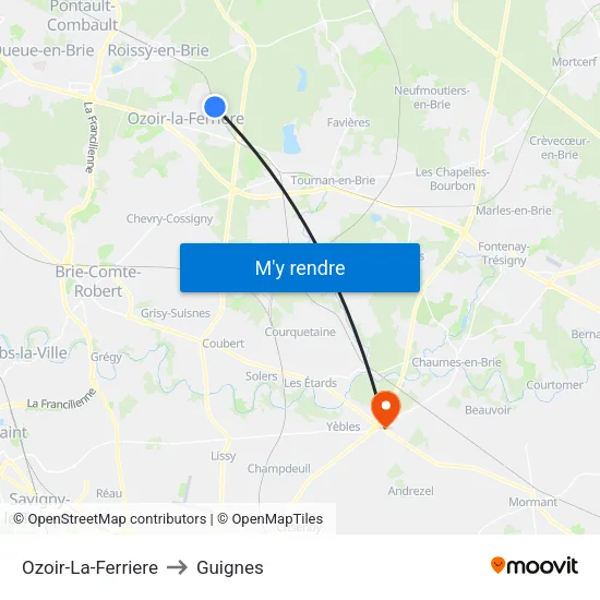 Ozoir-La-Ferriere to Guignes map