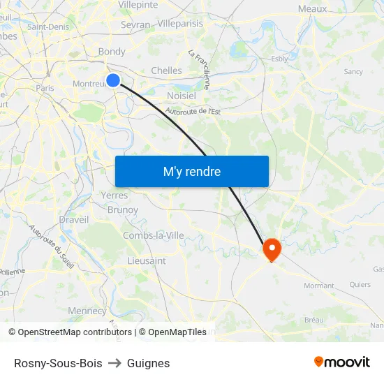 Rosny-Sous-Bois to Guignes map