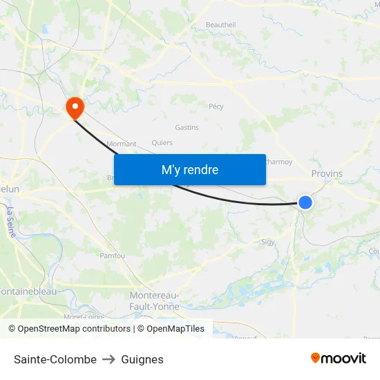 Sainte-Colombe to Guignes map