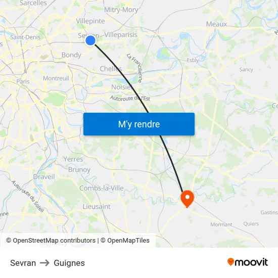 Sevran to Guignes map