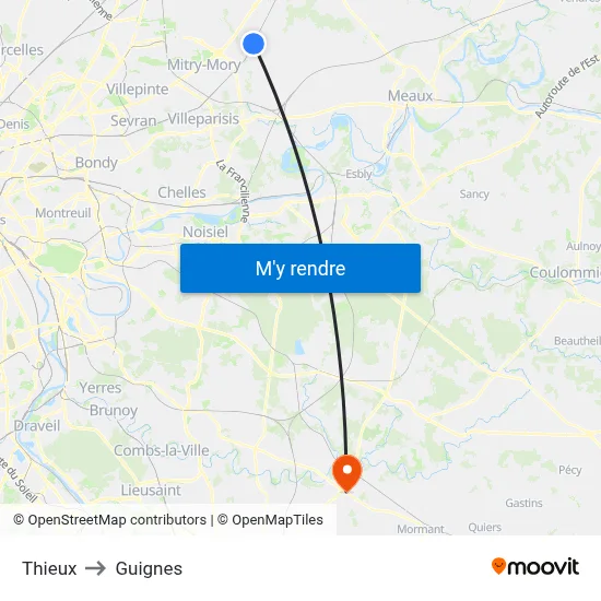 Thieux to Guignes map