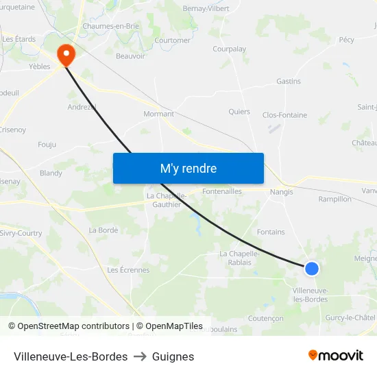 Villeneuve-Les-Bordes to Guignes map