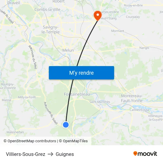 Villiers-Sous-Grez to Guignes map