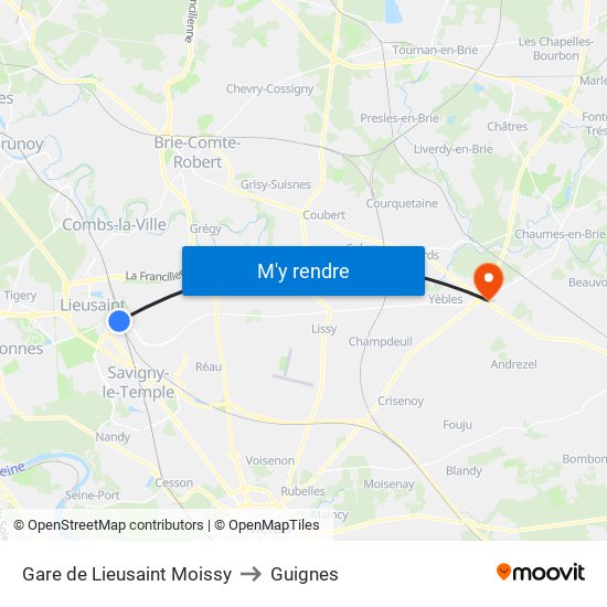 Gare de Lieusaint Moissy to Guignes map