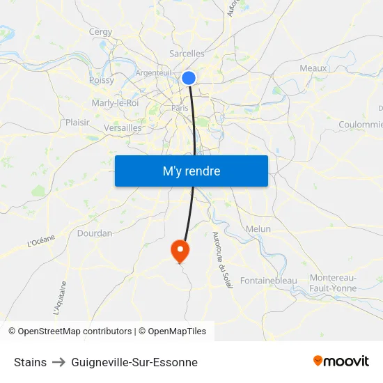 Stains to Guigneville-Sur-Essonne map