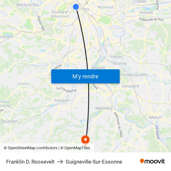 Franklin D. Roosevelt to Guigneville-Sur-Essonne map