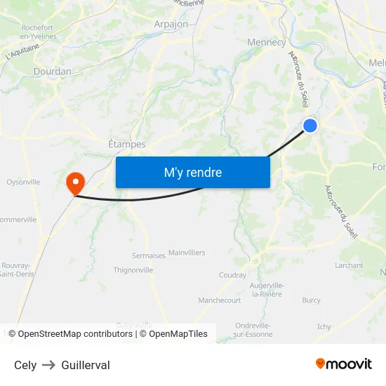 Cely to Guillerval map