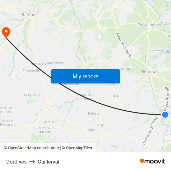 Dordives to Guillerval map